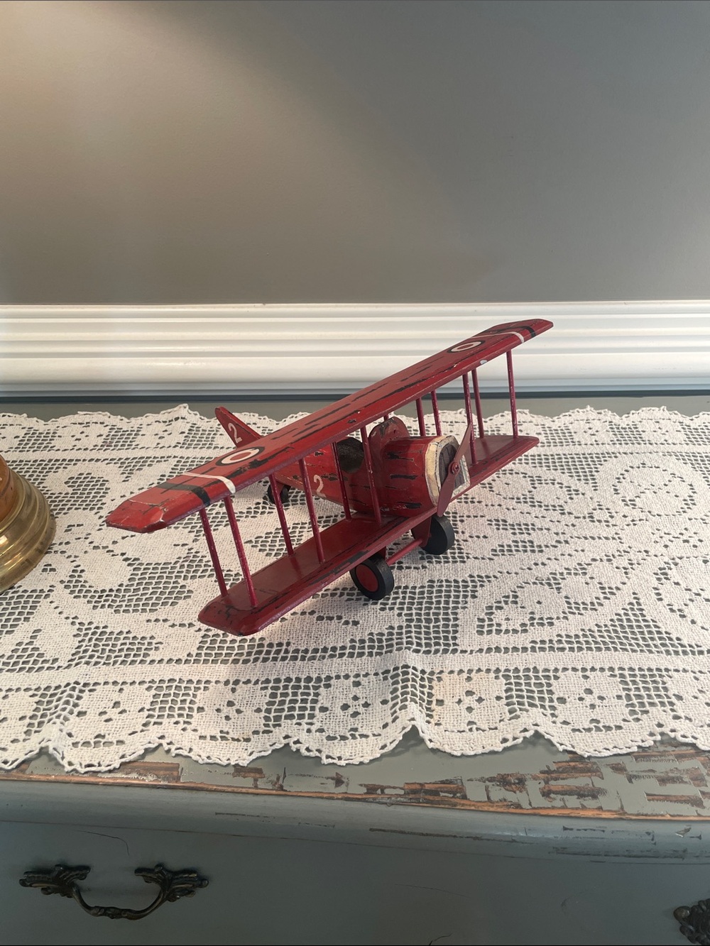 Vintage Red Vintage Biplane Decorative Accent